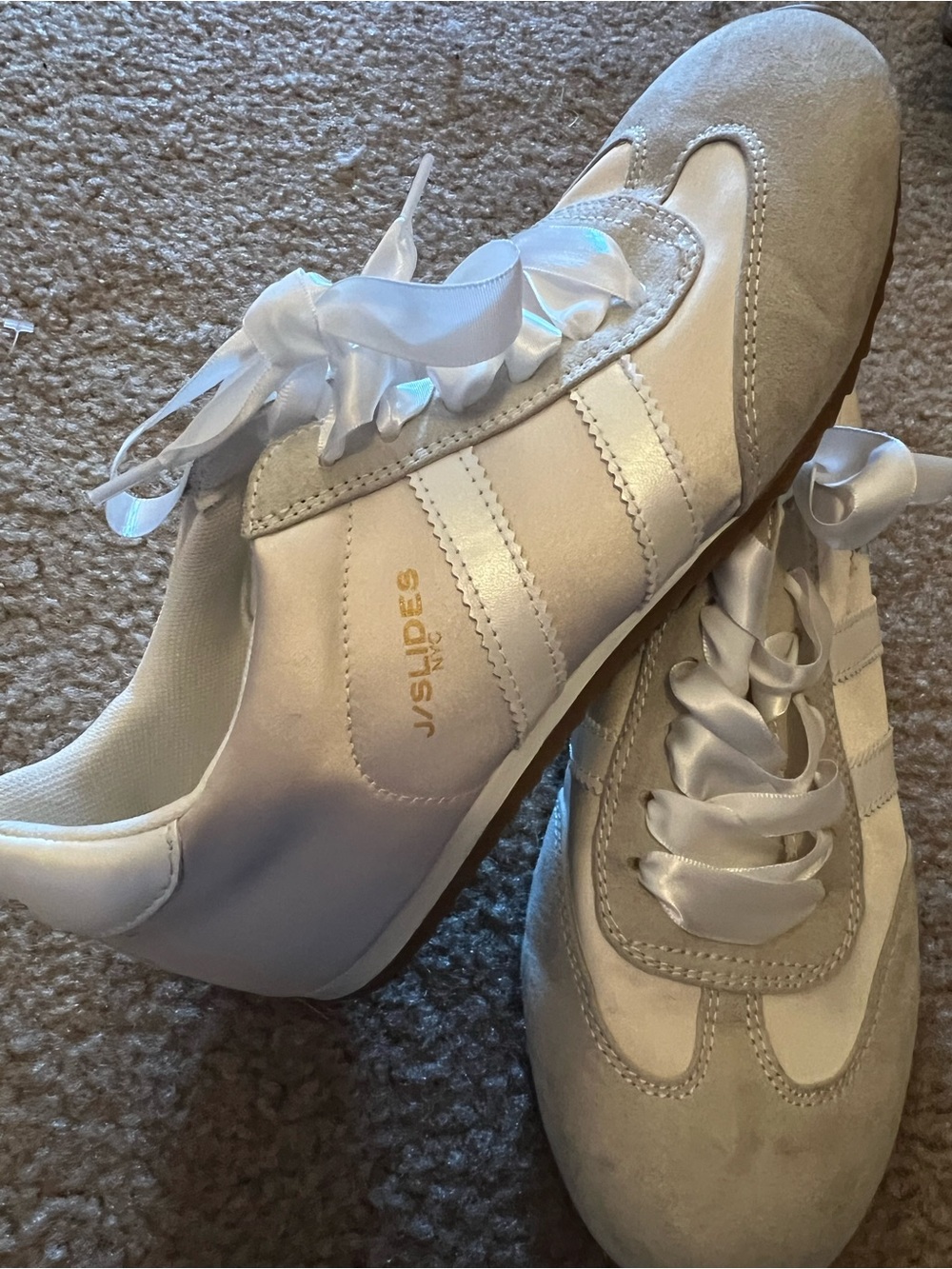 J/SLIDES Women's White Satin Ribbon Lace-Up Sneakers with Suede Accents